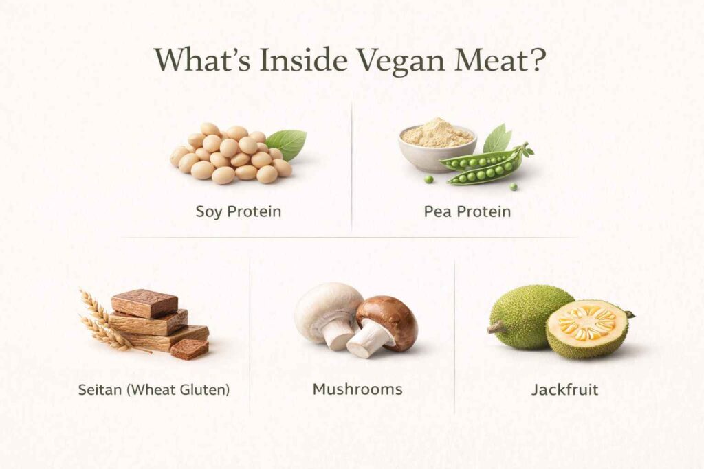 “ingredients used in vegan meat soy pea protein seitan mushrooms jackfruit”