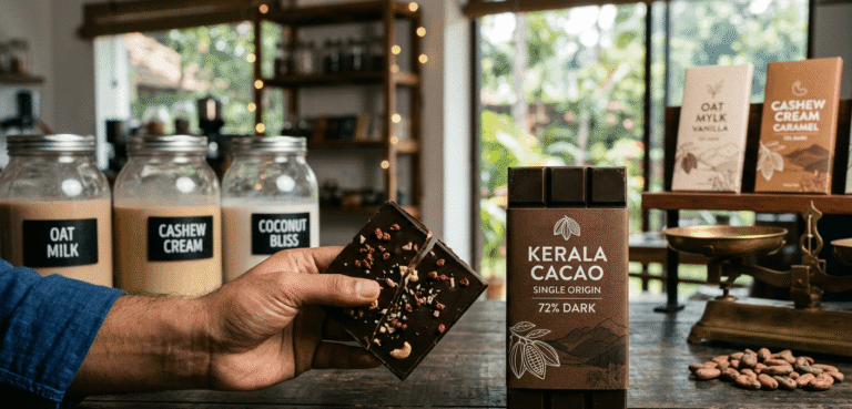 A hand holding a broken piece of 72% Kerala Cacao dark chocolate next to jars of plant-based milks like oat milk and cashew cream in a bright kitchen setting.