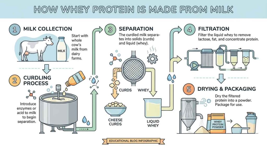 “how whey protein is made from milk cheese process infographic”