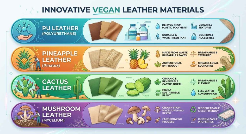 vegan leather materials pinatex cactus mushroom pu