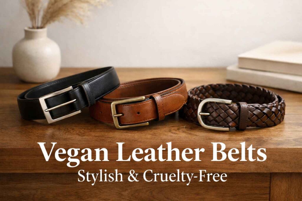 Vegan leather belts in different styles including formal, casual and braided displayed in a premium flat lay