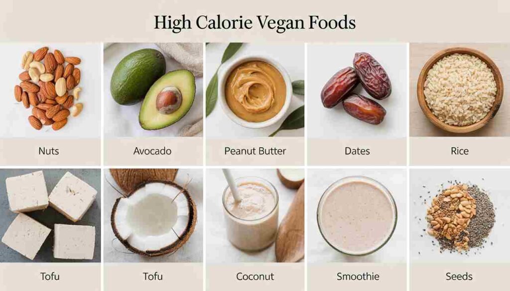 Grid of high calorie vegan foods including nuts, avocado, peanut butter, dates, rice, tofu, coconut, smoothie, and seeds for healthy weight gain