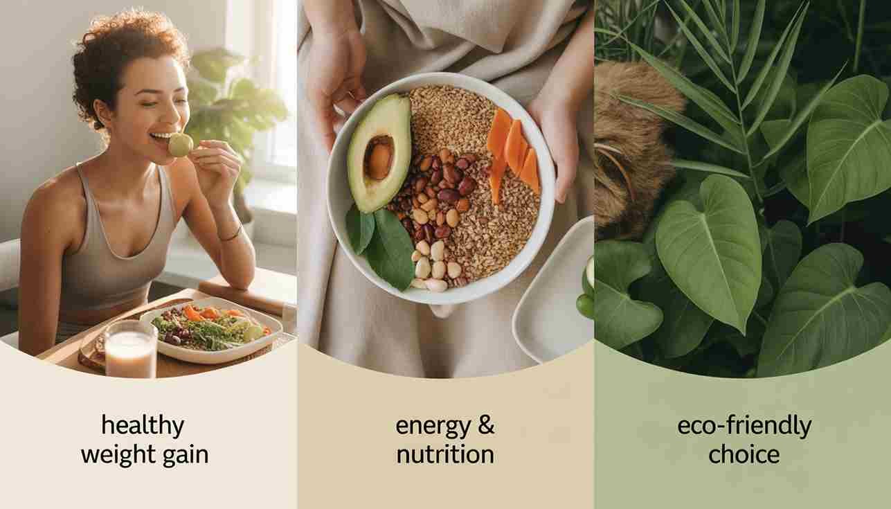 Lifestyle image showing benefits of high calorie vegan foods including healthy weight gain, energy nutrition, and eco friendly plant based diet