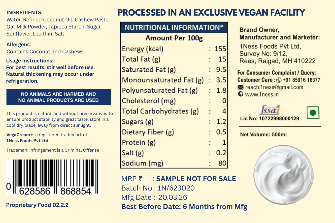 1NESS Vegacream Plant-Based Cooking Cream  Dairy-Free Vegan Cream (500g) -  VegGora