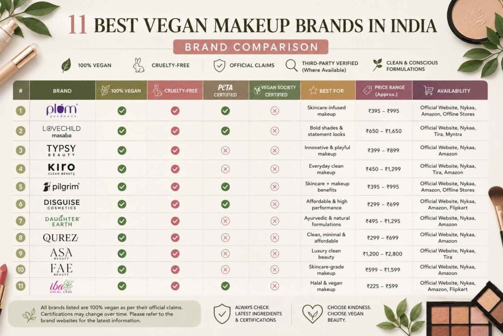 Comparison Table of the Best Vegan Makeup Brands in India