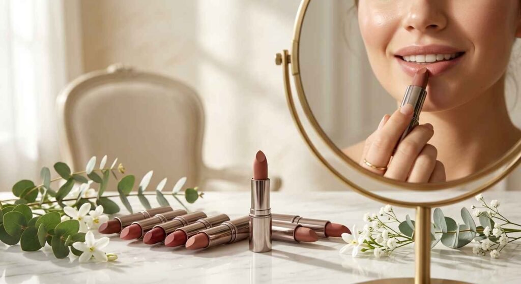 Woman applying a vegan lipstick in a luxury beauty vanity setting.