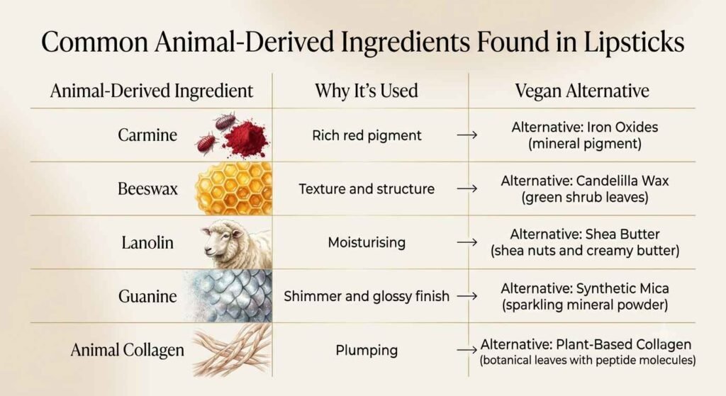 Animal-derived ingredients commonly found in lipsticks and their vegan plant-based alternatives.