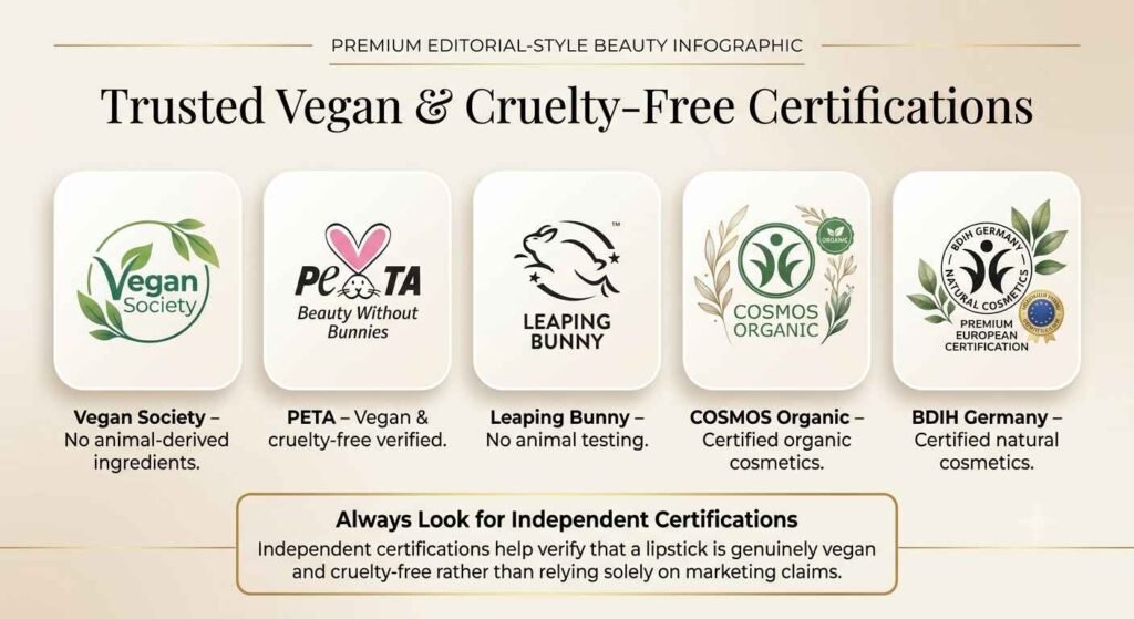 Common vegan and cruelty-free certification labels used on cosmetic products including Vegan Society, PETA, Leaping Bunny, COSMOS Organic, and BDIH.