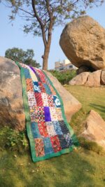 Patchwork Stole | Multicolour - Handmade Patchwork Stole for Women with Sea green Faux brocade border - Image 3