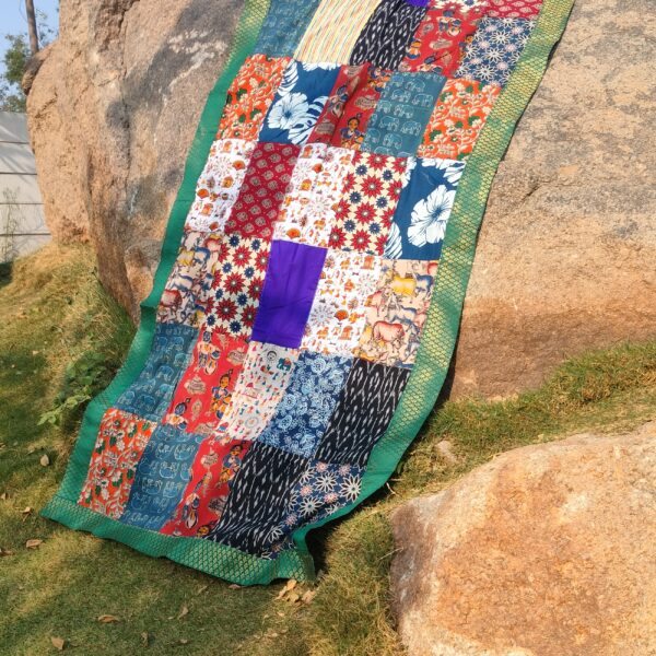 Patchwork Stole | Multicolour - Handmade Patchwork Stole for Women with Sea green Faux brocade border