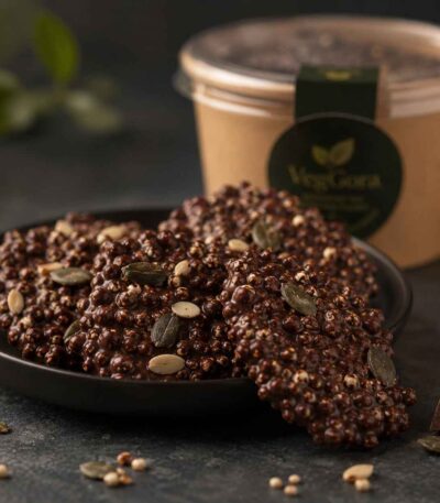 VegGora Midnight Crunch Clusters made with vegan dark chocolate, puffed quinoa, pumpkin seeds and melon seeds
