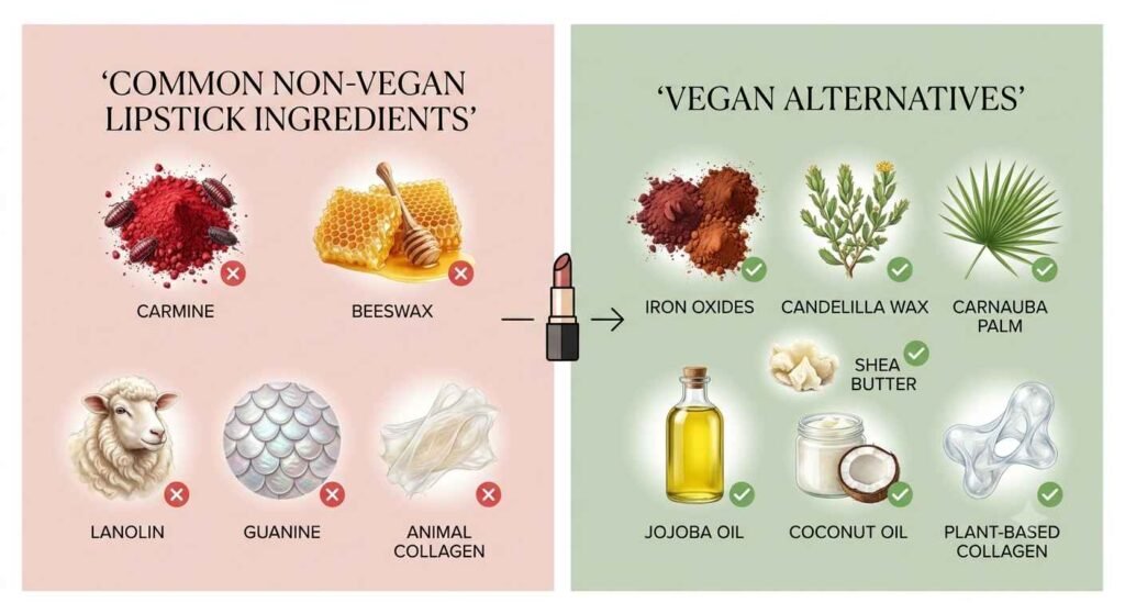 Comparison of non-vegan lipstick ingredients and plant-based vegan alternatives.