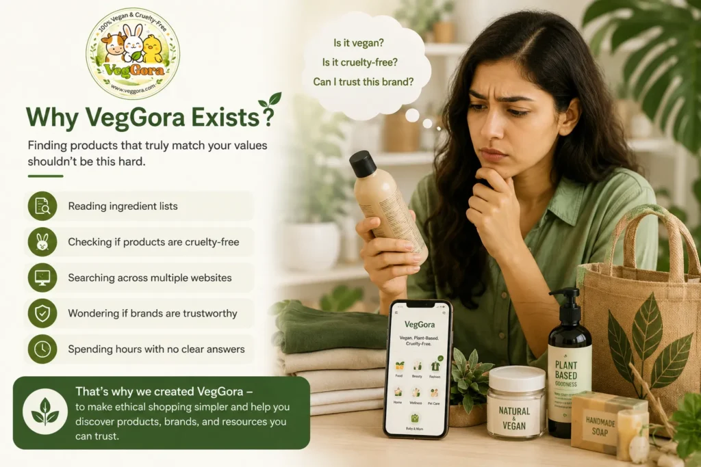 Person comparing product labels before finding trusted vegan products on VegGora