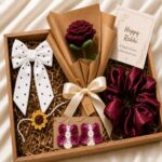 Raksha Bandhan Gift Box for Sister | Handmade Rakhi Hamper with Crochet Rose, Scrunchie, Hair Bow, and Earrings