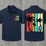 Men's Black Tropical Surf Graphic Printed Oversized Cuban Collar Shirt