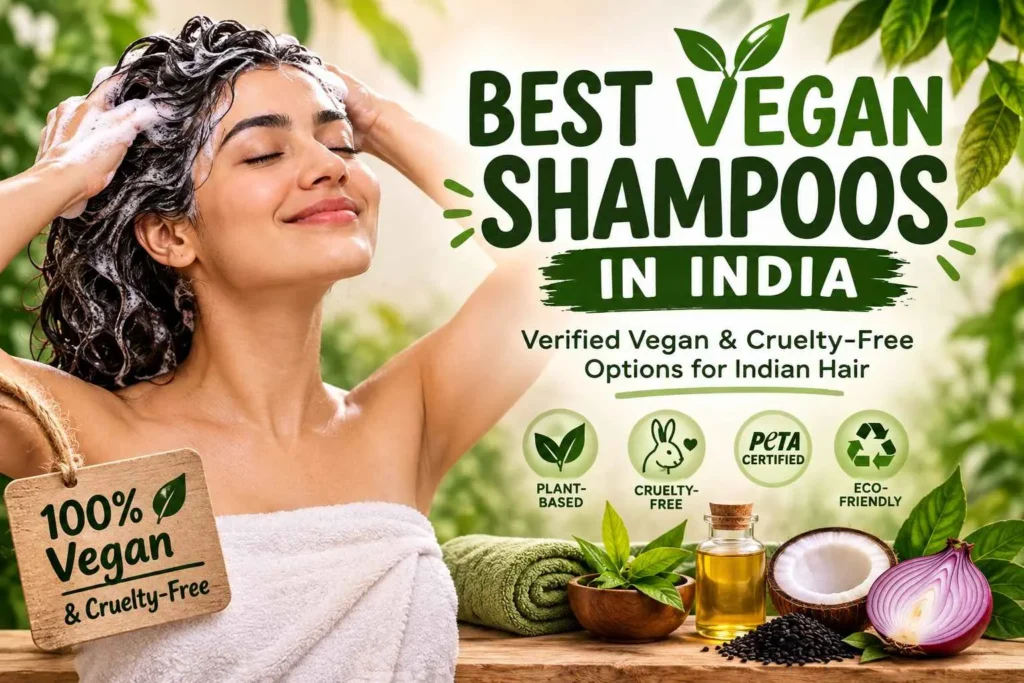 Best vegan shampoos in India with a woman washing her hair and plant-based, cruelty-free hair care ingredients