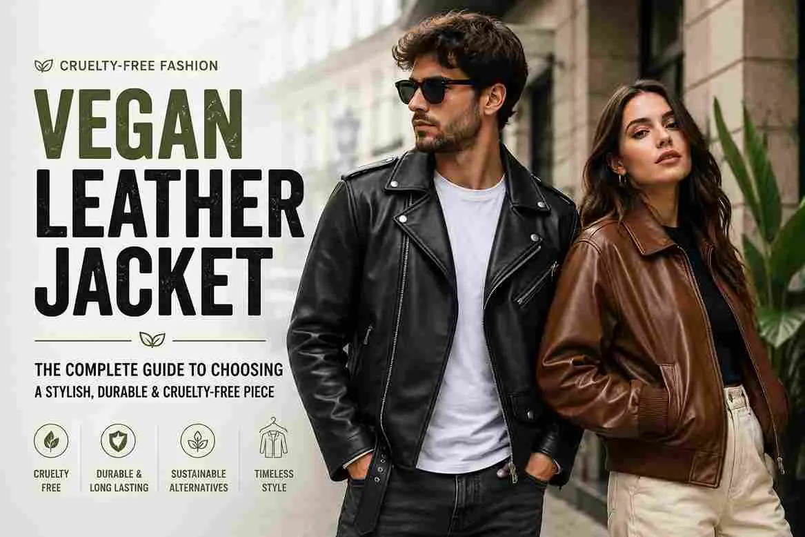Man and woman wearing stylish vegan leather jackets