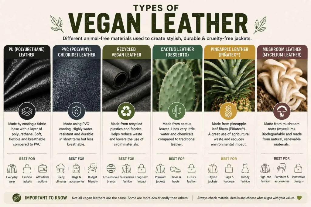 Types of vegan leather including PU, PVC, recycled, cactus, pineapple and mushroom leather