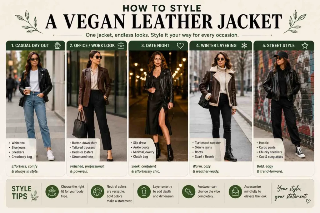 Five ways to style a vegan leather jacket for casual, office, date night, winter and streetwear looks
