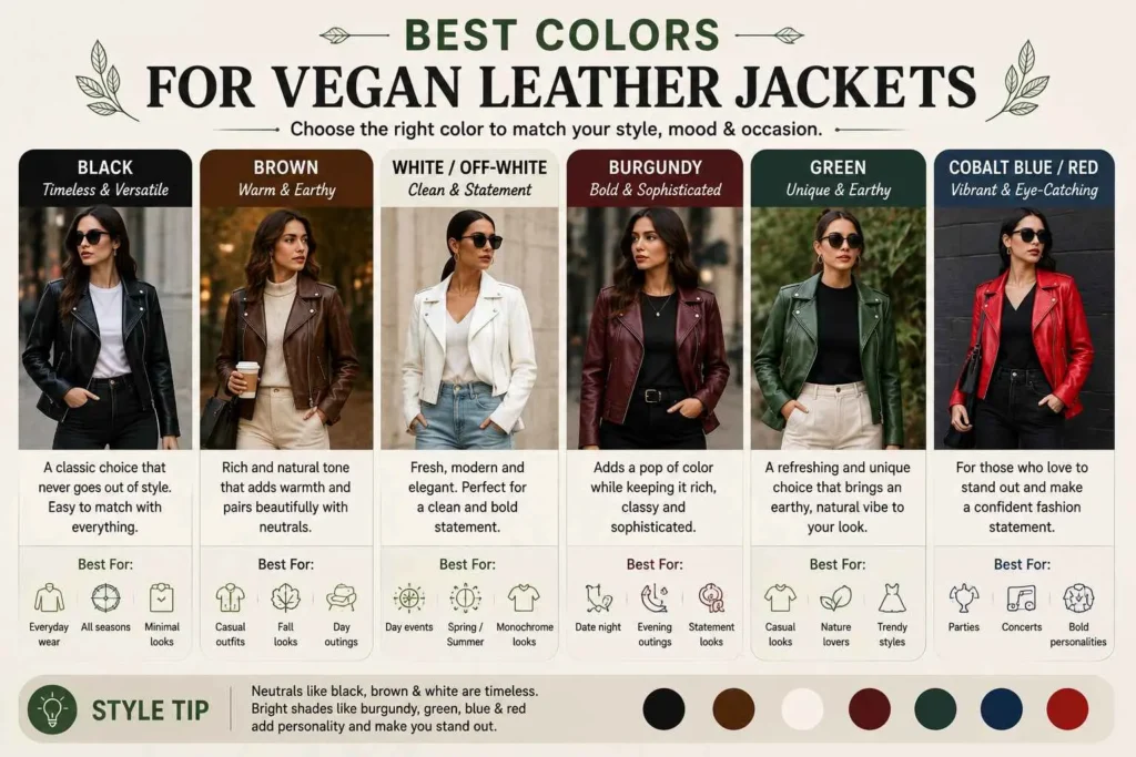 Best vegan leather jacket colors including black, brown, white, burgundy, green, blue and red