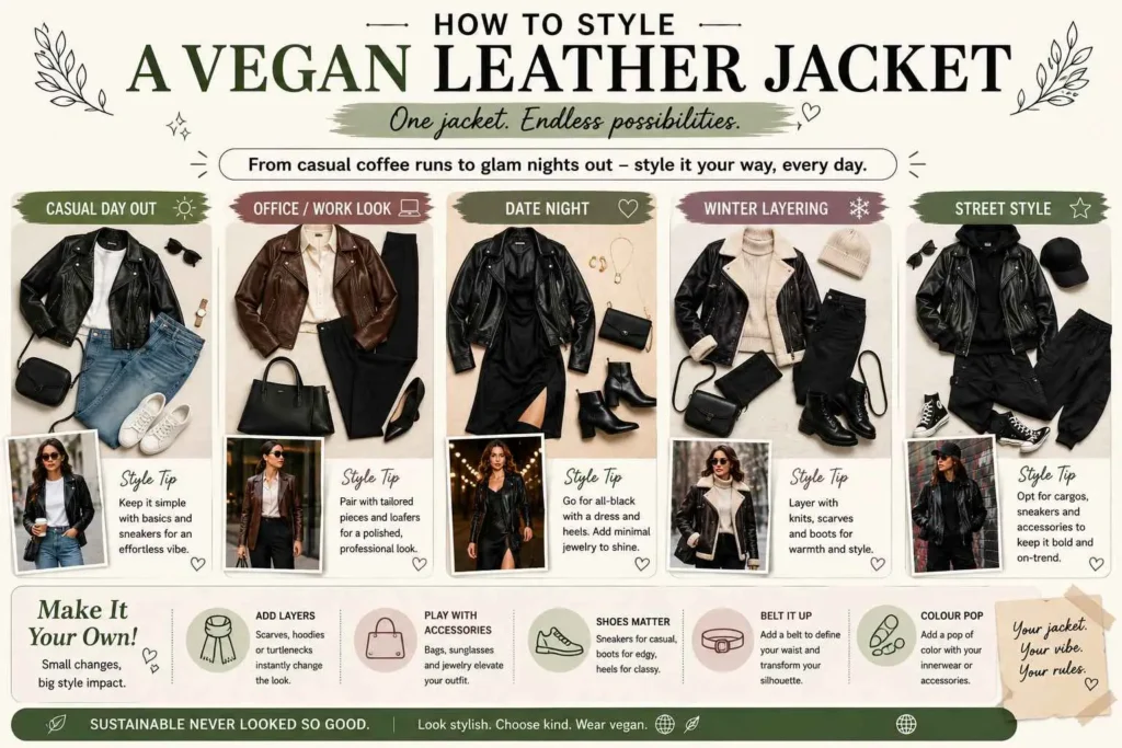 Ways to style a vegan leather jacket for casual, office, date night, winter and street style outfits