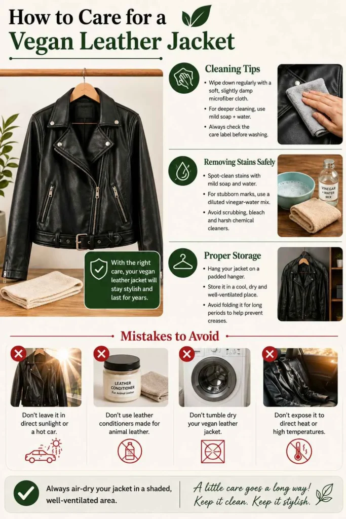 How to care for a vegan leather jacket with cleaning, stain removal, storage and drying tips