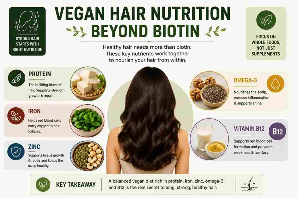 Key nutrients for healthy hair on a vegan diet including protein iron zinc omega-3 and vitamin B12