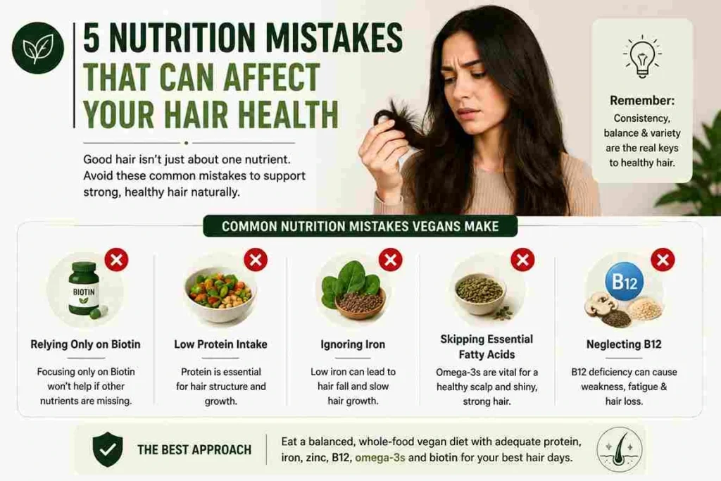 Five common vegan nutrition mistakes that may affect hair health including low protein, iron, omega-3 and vitamin B12 intake