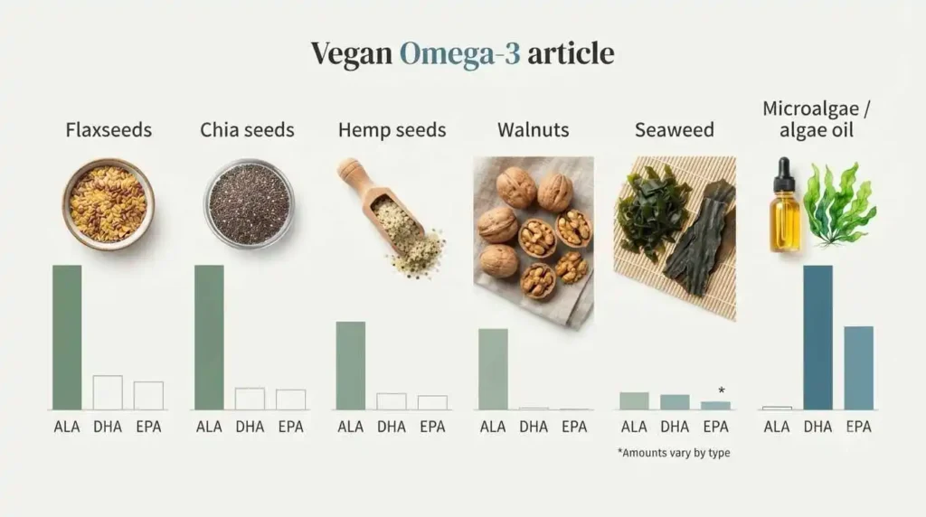 Comparison of vegan omega-3 food sources showing flaxseed, chia, hemp, walnuts, seaweed and algae oil, with their relative ALA, DHA and EPA content.