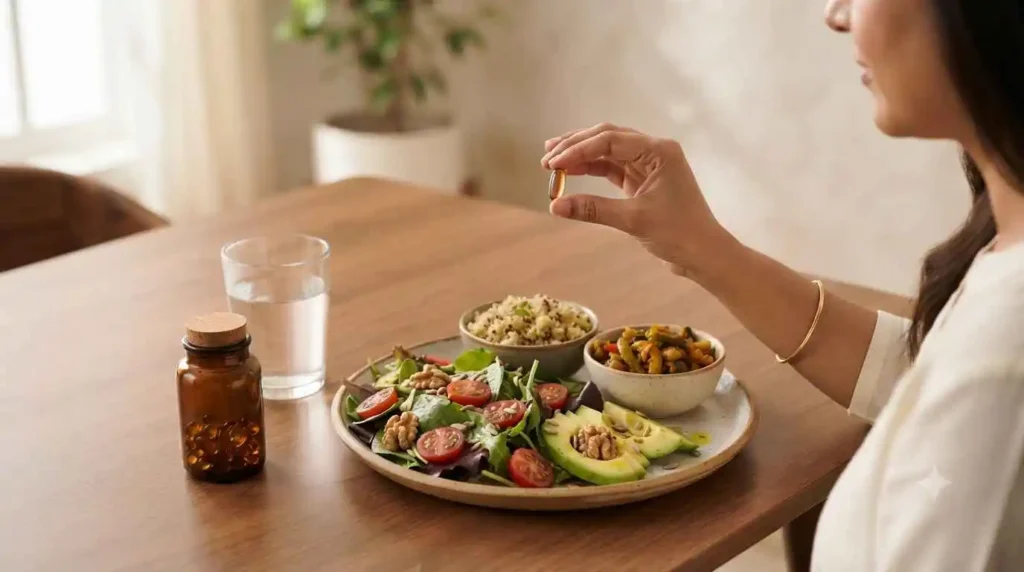 Person taking a vegan algae-based omega-3 capsule with a healthy meal containing sources of dietary fat, illustrating proper supplement use and absorption.