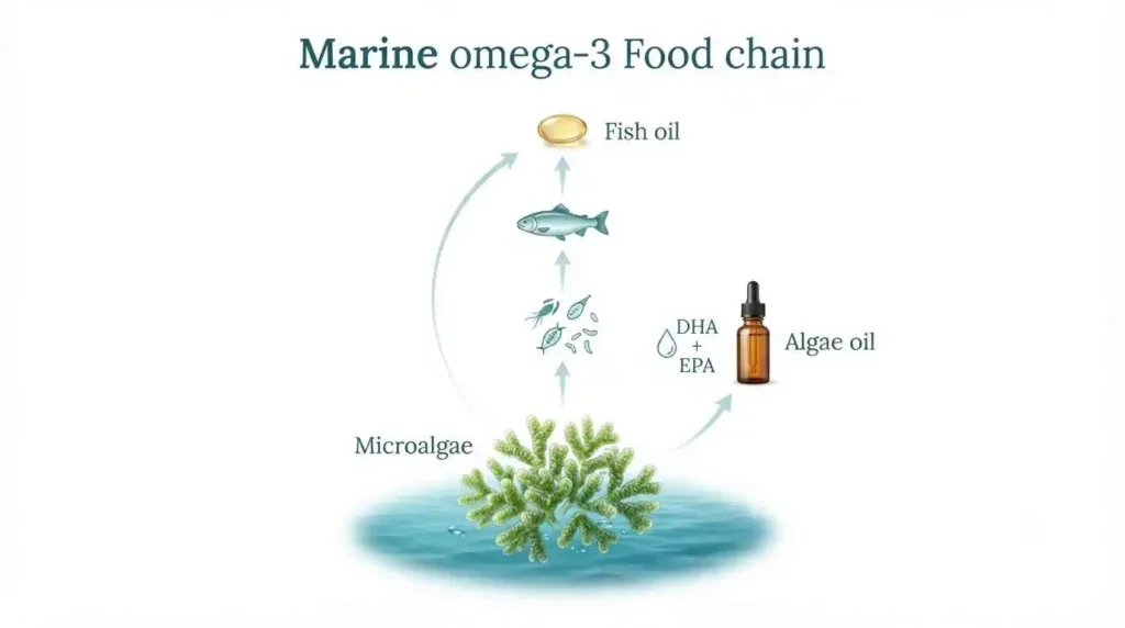 Illustration showing microalgae as a source of marine DHA and EPA, with two pathways: the natural food chain through fish and the direct algae-oil route for vegan omega-3 supplements.
