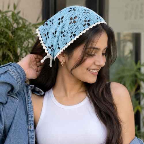 bandhana_11zon Handmade Crochet Bandana Headscarf – Sky Blue Floral Knit Head Wrap - Image 1