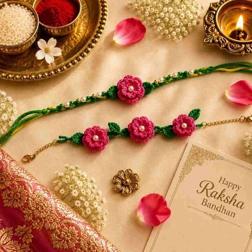 rakhi couple Handmade Crochet Couple Rakhi Set – Raksha Bandhan Special - Image 1